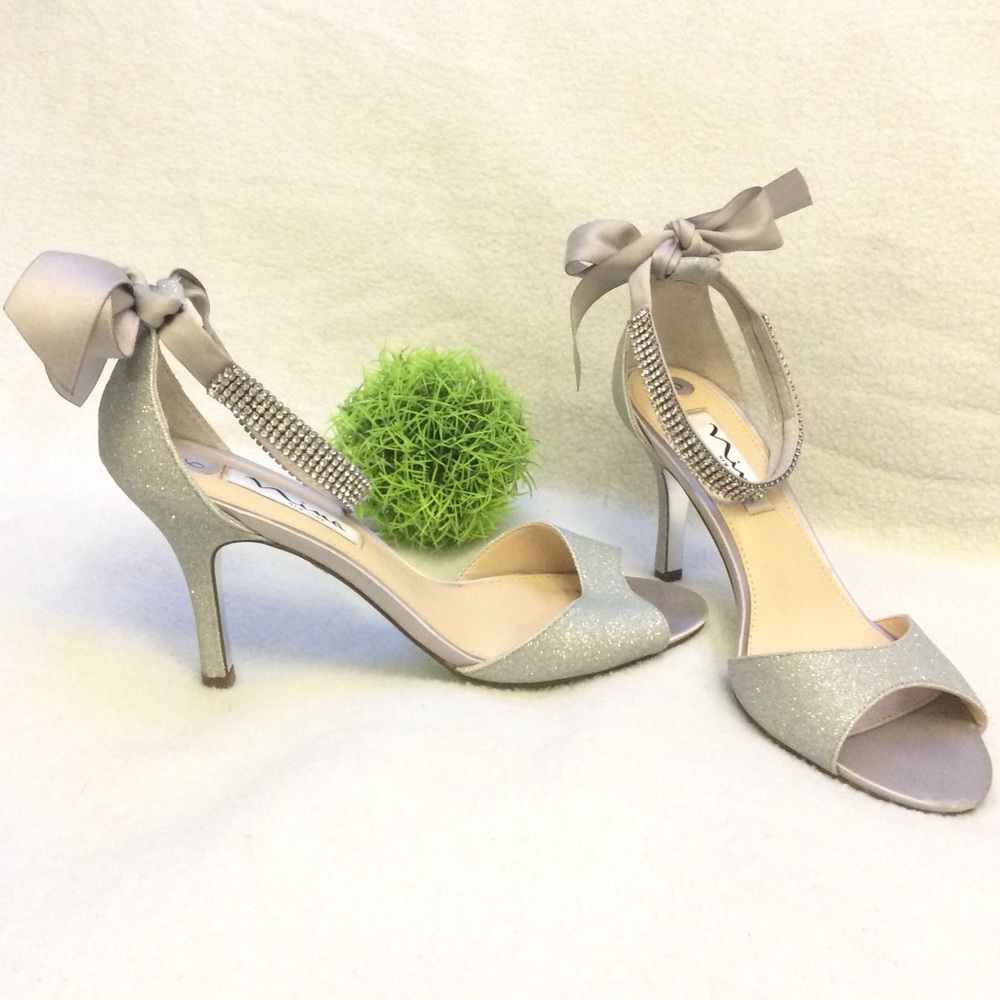 Nina Glittering Silver Heels with Satin Bow